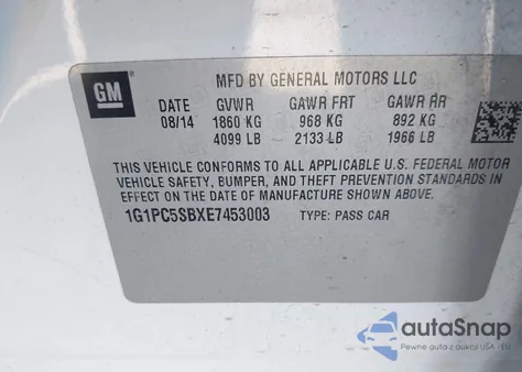 2014 Chevrolet Cruze 1Lt Auto z USA, uszkodzony, nr VIN 1G1PC5SBXE7453003